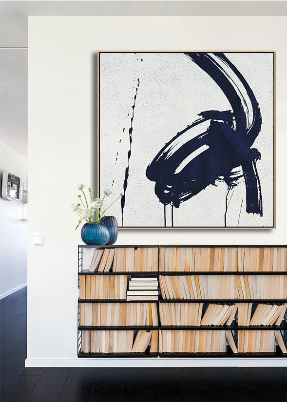 Hand Painted Extra Large Abstract Painting,Hand Painted Navy Minimalist Painting On Canvas,Family Wall Decor #J9G4 - Click Image to Close